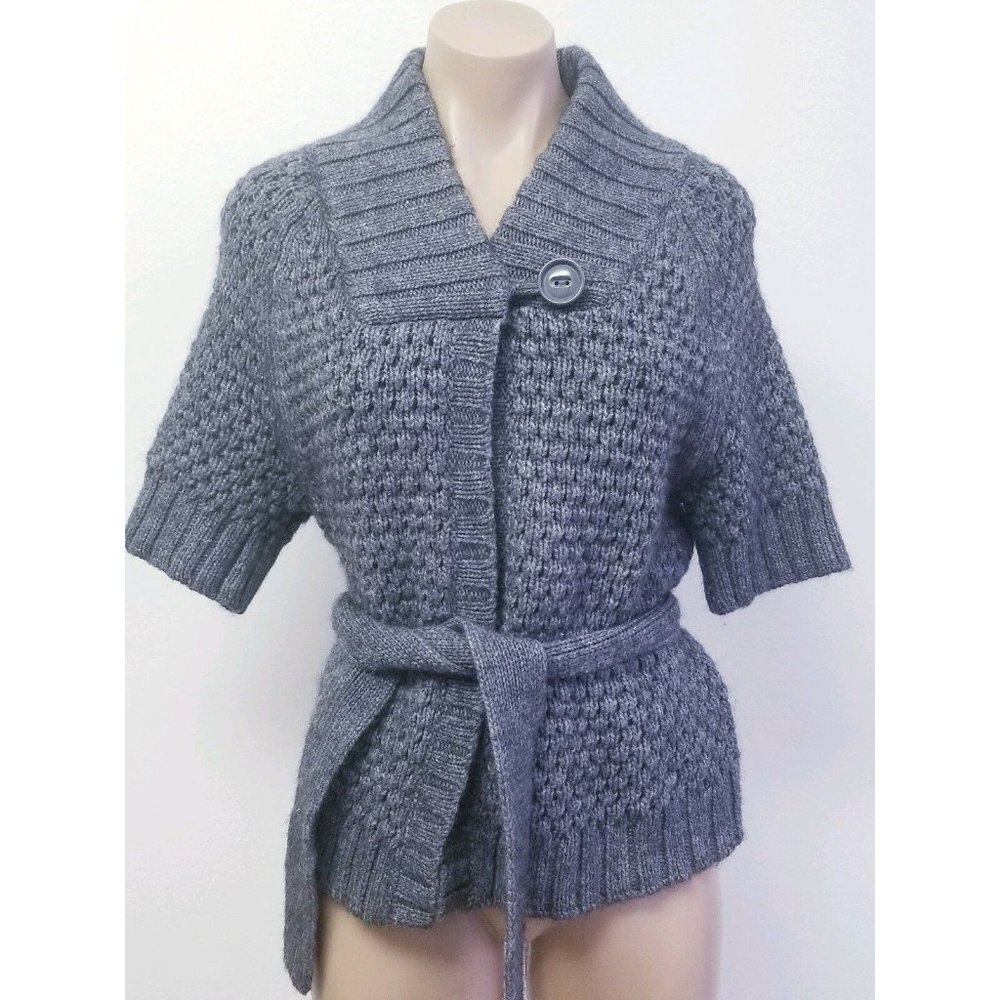 H & M Cardigan Sweater Heather Grey Knit Size M Short Sleeve With Belt